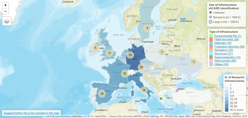 Map of aviation research infrastructures available in Europe, provided by RINGO project